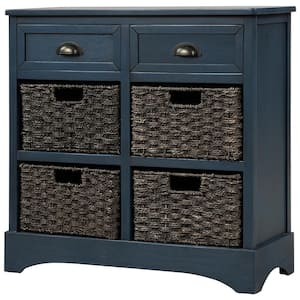 Rustic Storage Cabinet Antique Navy with 2-Drawers and 4-Classic Rattan Basket for Dining Room/Living Room