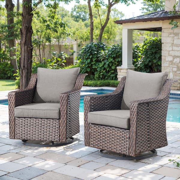 moosprr Luxurious Brown Swivel Glider Wicker Outdoor Rocking Chair with Gray Cushions and 4 In. Wide Armrest (2-Pack)