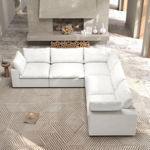 J&E Home 120.45 in. W Square Arm Linen Modular 5-Pieces Free