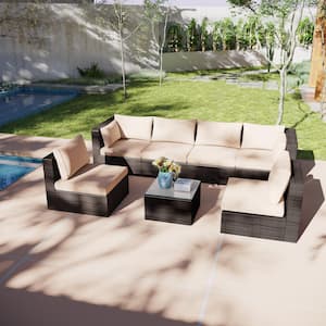 7-Piece Wicker Outdoor Sectional Set with Kihaki Cushions and Coffee Table