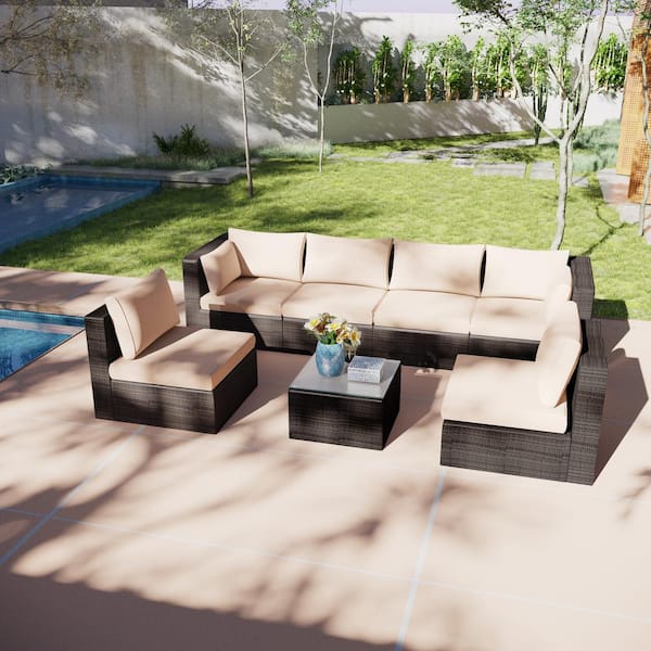 Cesicia 7-Piece Wicker Outdoor Sectional Set with Kihaki Cushions and Coffee Table