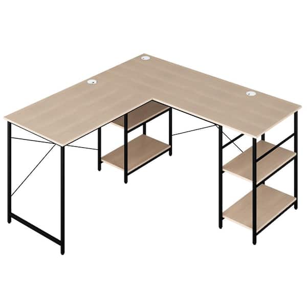 Costway 60 in. Natural Convertible L-Shaped Corner Computer Desk 2-Person Long Desk Shelves