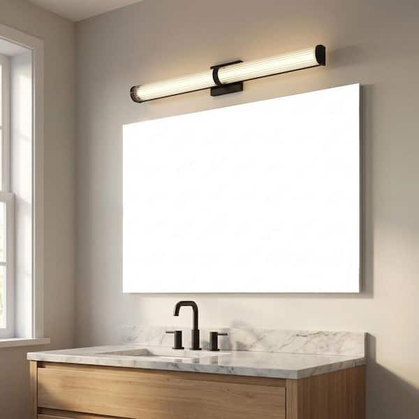 Syden 48 in. W x 4.75 in. H Midnight Black LED Transitional Dimmable Bathroom Vanity Light with Clear Fluted Glass