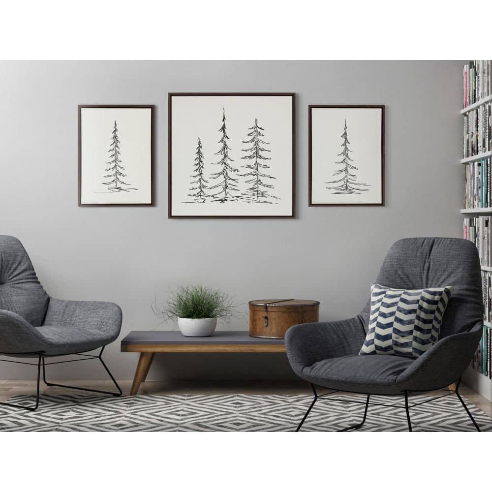 Minimalist Evergreen Trees Sketch Canvas Wall Art, 30x30, Brown Frame