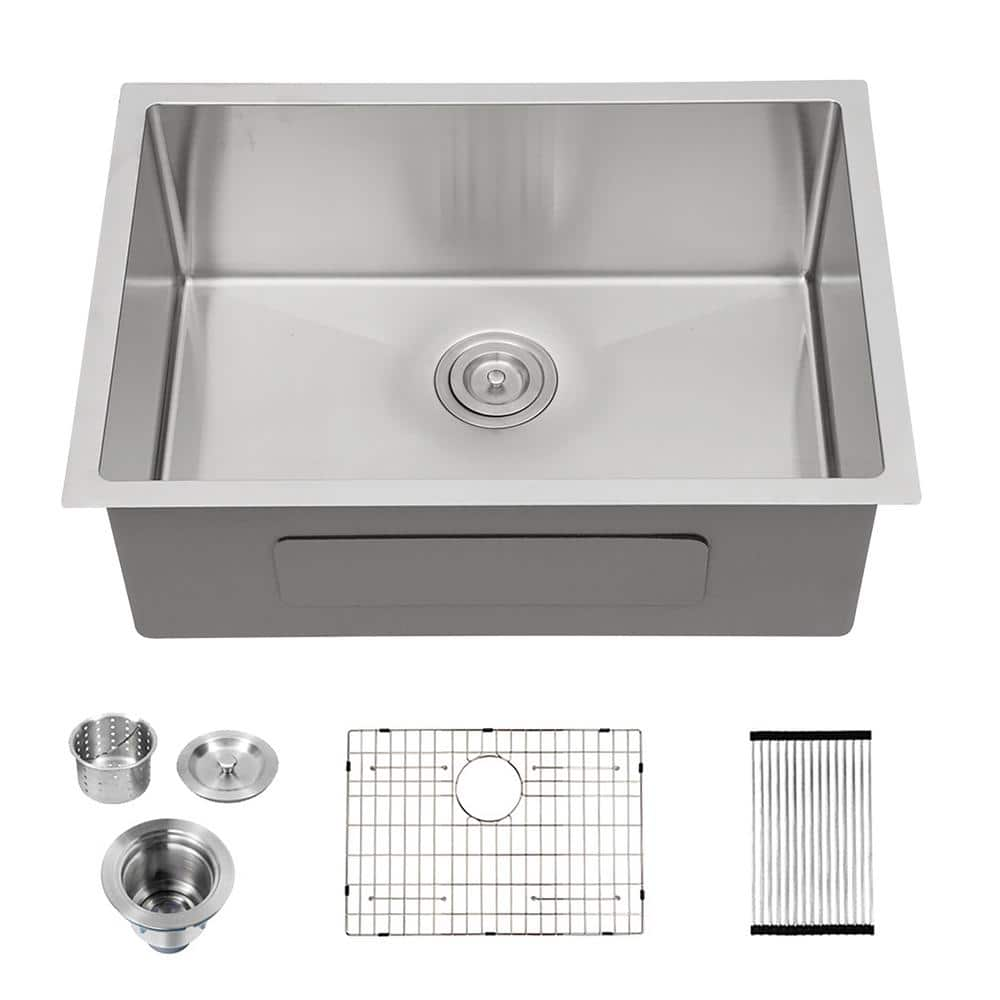 26 In Undermount Single Bowl 18 Gauge Brushed Nickel Stainless Steel Kitchen Sink With Bottom