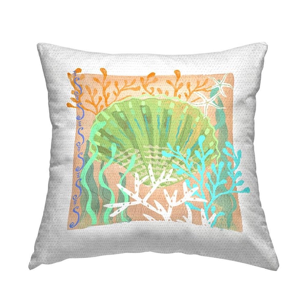 Stupell Industries Orange Seashell Beach Coral Multi-Color Square Outdoor Throw Pillow