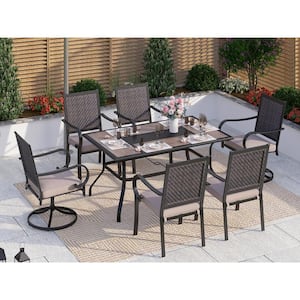 Black 7-Piece Metal Patio Outdoor Dining Set with Geometric Rectangle Table and Rattan Arm Chairs with Beige Cushion