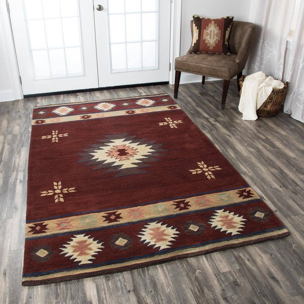 Burgundy Hand-Tufted Wool Rectangular Tribal Rug 6'6" x 9'6"