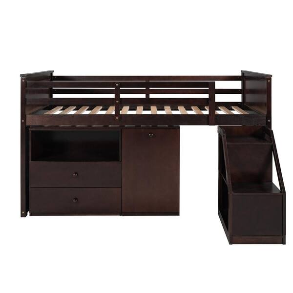Unbranded Espresso Twin Size Loft Bed with Storage Steps and Portable Desk