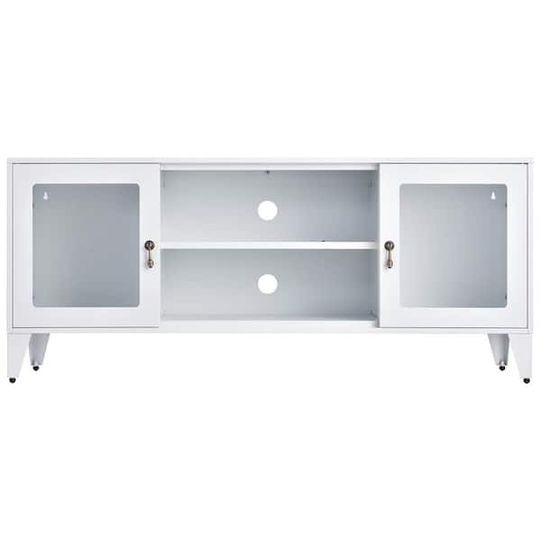 Clihome 47 in. W White Metal 2Glass Door Entertainment Center Up to 85