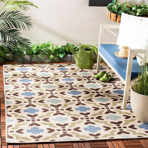 Veranda Cream/Aqua 2 ft. x 4 ft. Geometric Indoor/Outdoor Area Rug