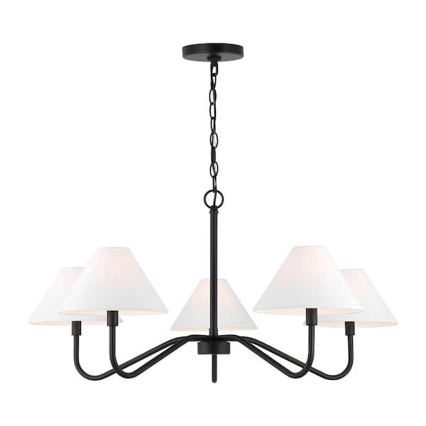 Eldon 5-Light Midnight Black Large Chandelier with White Linen Fabric Shades and No Bulbs Included