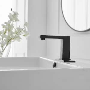 DC Powered Commercial Touchless Single Hole Bathroom Faucet With Deck Plate And Pop Up Drain In Matte Black