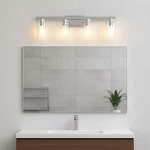 28 in. 4-Light Chrome Modern Cylinder Vanity Light for Bathroom Mirror with Clear Glass Shades