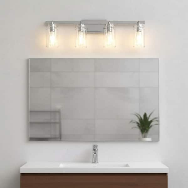 28 in. 4-Light Chrome Modern Cylinder Vanity Light for Bathroom Mirror with Clear Glass Shades