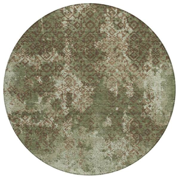 Chantille Machine Washable Indoor/Outdoor Abstract ACN2788 Olive 8 ft. x 8 ft. Round Rug
