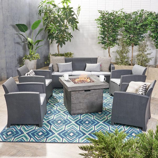 Noble House Selway Charcoal 6-Piece Faux Rattan Patio Fire Pit Conversation Set with Light Grey Cushions