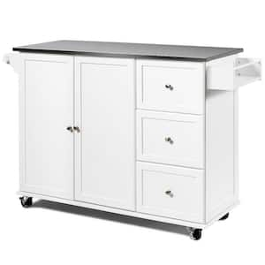 Kitchen Island 2-Door Storage Cabinet with Drawers and Stainless Steel Top, White