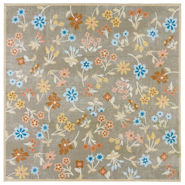 SAFAVIEH Martha Stewart Washable Dark Beige/Light Blue 6 ft. x 6 ft. Machine Washable Floral Square Area Rug