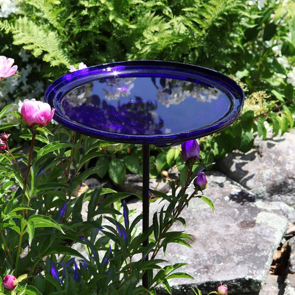Cobalt Blue Hand Blown Glass Birdbath with Iron Stake