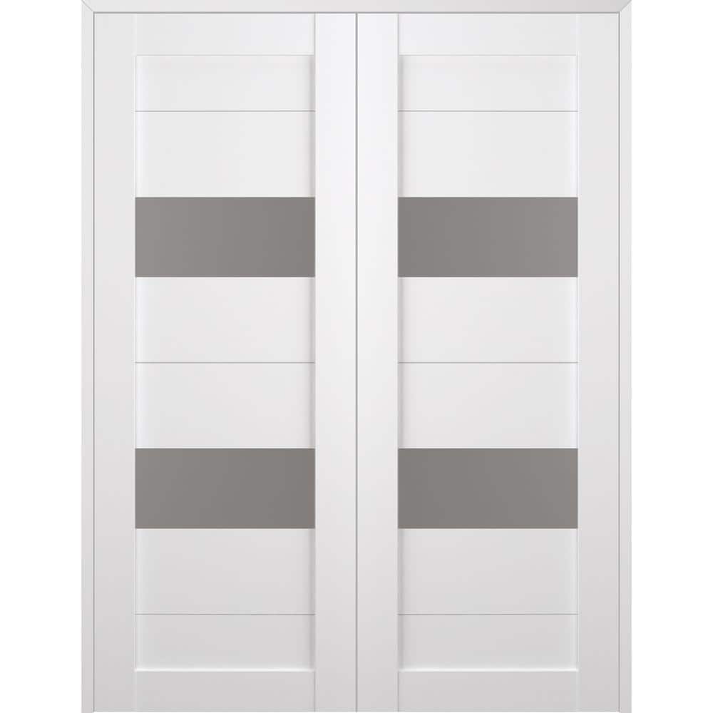 Bianco Noble Frosted Glass and Pine Wood Double French Door