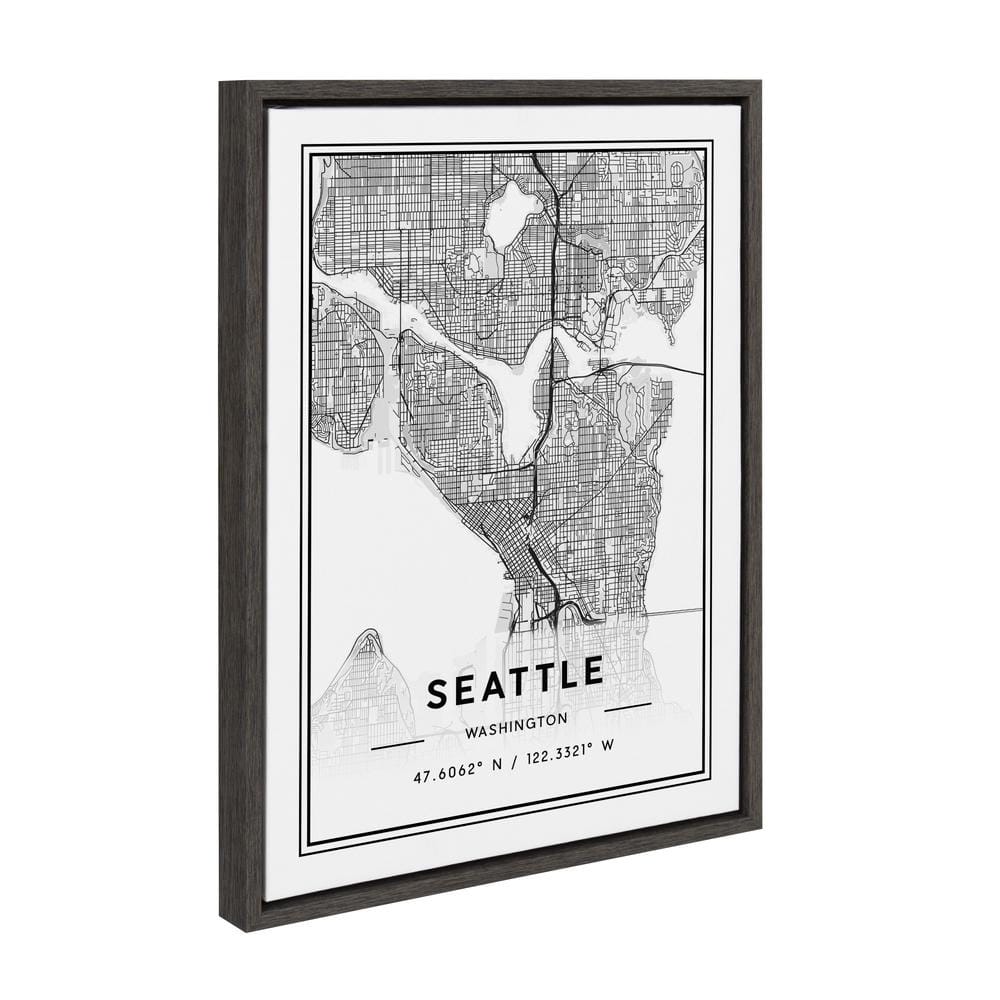 Seattle Modern Map Framed Canvas Wall Art, 18x24, Dark Gray