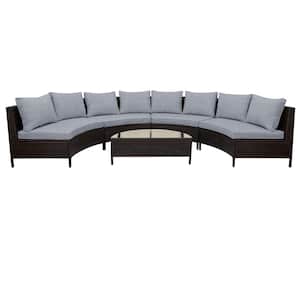Brown 5-Pieces PE Rattan Wicker Conversation Set Sectional Set with Tempered Glass Table and Gray Cushions