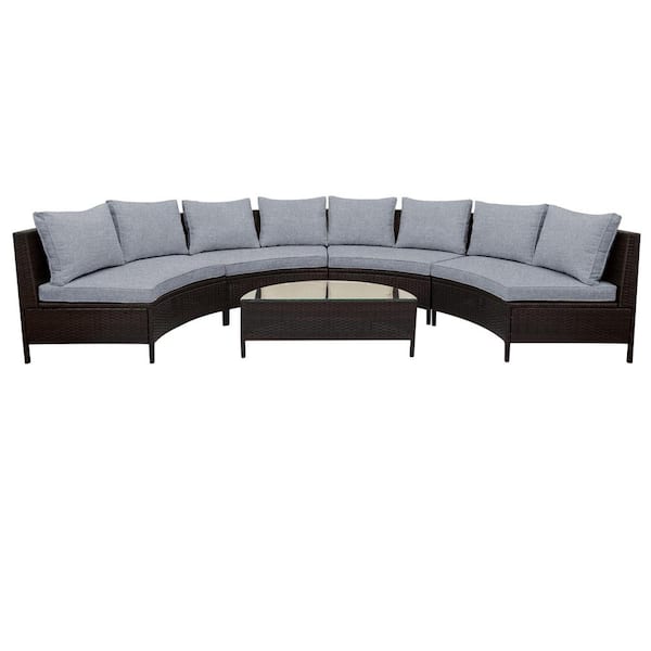 waelph Brown 5-Pieces PE Rattan Wicker Conversation Set Sectional Set with Tempered Glass Table and Gray Cushions