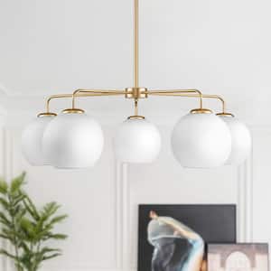 Erik 5-Light Gold Unique Modern Linear Chandelier with Milky White Glass Shades