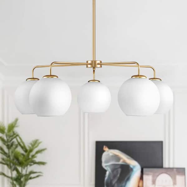 RRTYO Erik 5-Light Gold Unique Modern Linear Chandelier with Milky White Glass Shades