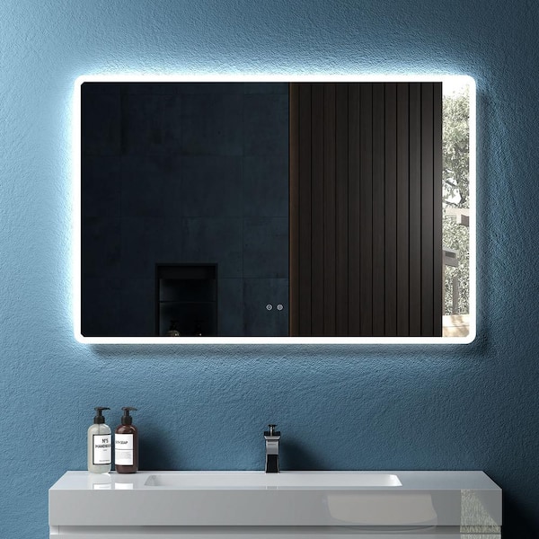 FAMYYT 48 in. W x 32 in. H Rounded-Rectangular Frameless Anti-Fog Backlit LED Light Wall Bathroom Vanity Mirror