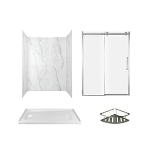 Passage 60 in. x 72 in. Left Drain 4-Piece Glue-Up Alcove Shower Wall, Shelf, Door and Base Kit in Serene Marble