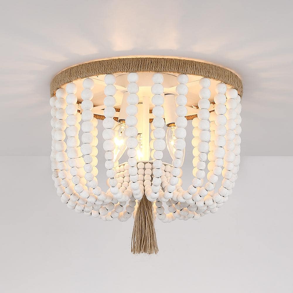 TRUE FINE 12.6 in. 3-Light Bohemia Antique White Wood Beaded Flush ...