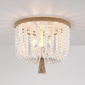 12.6 in. 3-Light Bohemia Antique White Wood Beaded Flush Mount Ceiling Light with Brown Rope Tassel