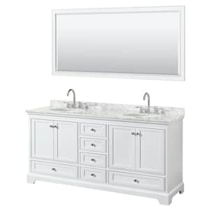 Deborah 72 in. Double Vanity in White with Marble Vanity Top in White Carrara with White Basins and 70 in. Mirror