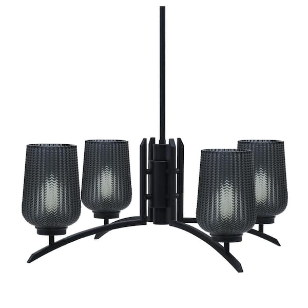 Unbranded Siena 26.75 in. 4 Light Matte Black Chandelier with Smoke Textured Glass Shades