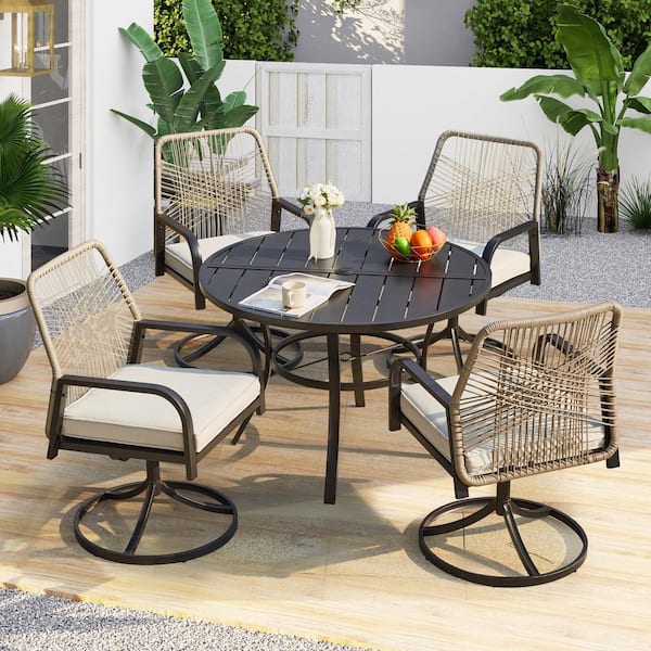 Unbranded 5-Piece Metal Outdoor Dining Set for 4-Woven Swivel Chairs Beige Cushions, Metal Round Table and 1.96 in. Umbrella Hole