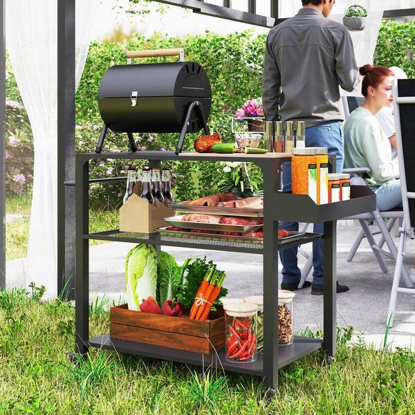 Outsunny 3-Shelf Black Outdoor Grill Cart, 31.5 in. x 19.7 in
