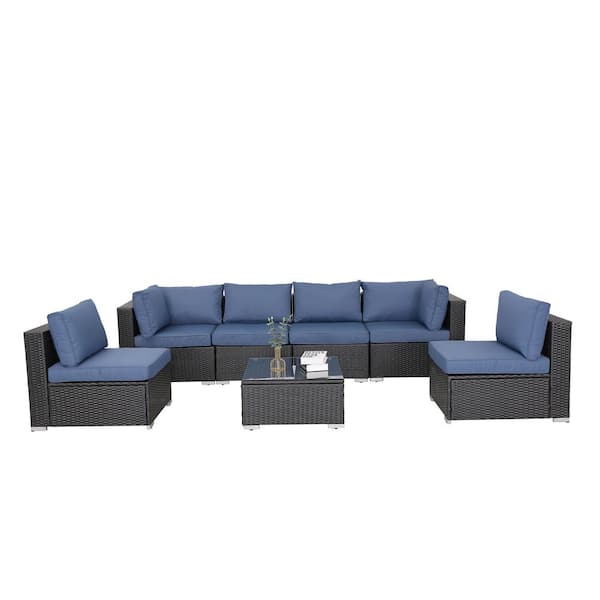 Wateday Outdoor Black 7-Piece Wicker Patio Conversation Seating Set with Dark Blue Cushions