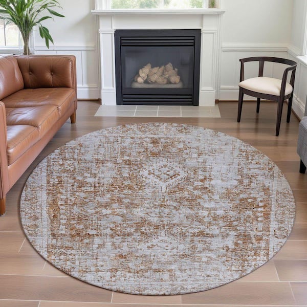 Mayfield Premium Machine Washable Abstract AMF1229 Terracotta 8 ft. x 8 ft. Round Rug