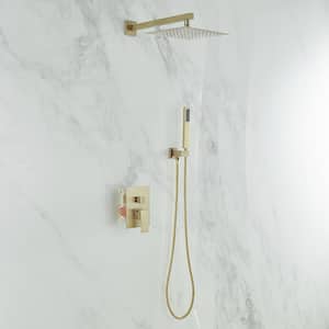 Luxurious Single Handle 2-Spray 10 in. Wall Mount Square Shower Head with Hand Shower Faucet in Brushed Gold