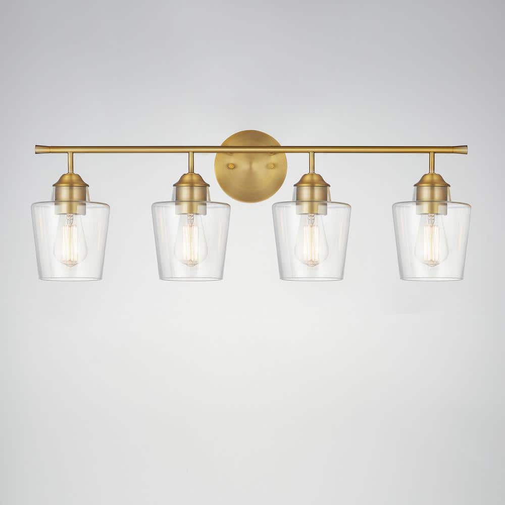 Antique Brass 4-Light Dimmable Vanity Light with Clear Glass Shades