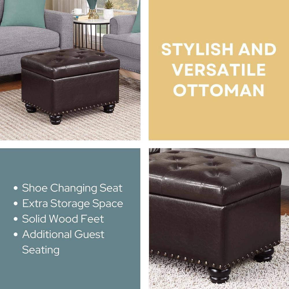 Espresso Faux Leather Tufted Storage Ottoman with Nailhead Trim