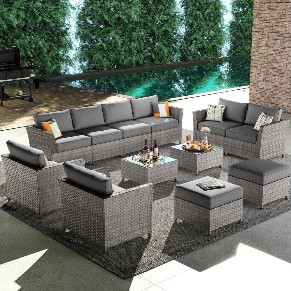 Huron Gorden Brown 12-Piece Wicker Outdoor Patio Conversation Sectional Sofa Set with Dark Gray Cushions price history on PriceWatchPro