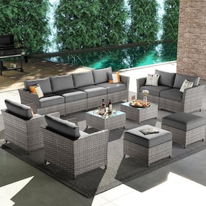 Huron Gorden Brown 12-Piece Wicker Outdoor Patio Conversation Sectional Sofa Set with Dark Gray Cushions