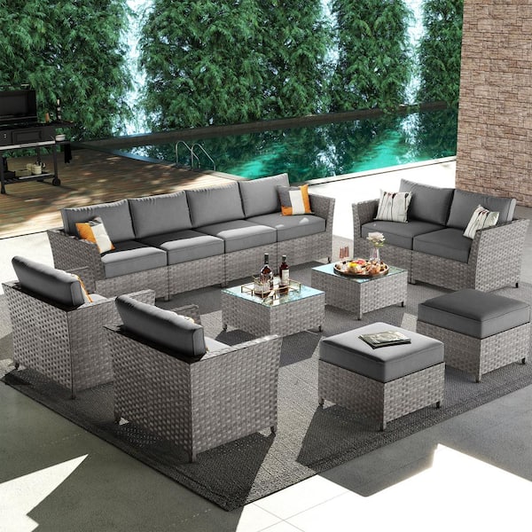XIZZI Huron Gorden Brown 12-Piece Wicker Outdoor Patio Conversation Sectional Sofa Set with Dark Gray Cushions