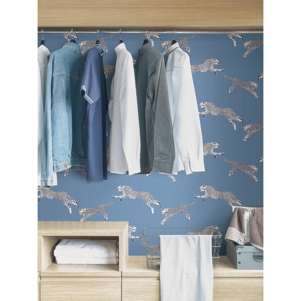 Sky Blue Vinyl Peel and Stick Wallpaper with Leaping Cheetah Design
