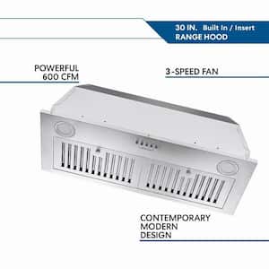 Silver 30 in. 600 CFM Under Cabinet Ducted Insert Convertible Range Hood in Stainless Steel with Baffle Filters