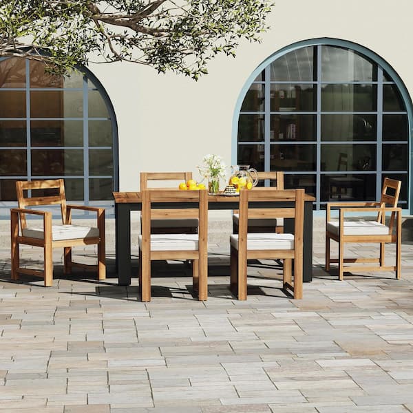 TIRAMISUBEST Light Teak 7-Piece Wood Outdoor Dining Set with Umbrella Hole and Beige Cushions​
