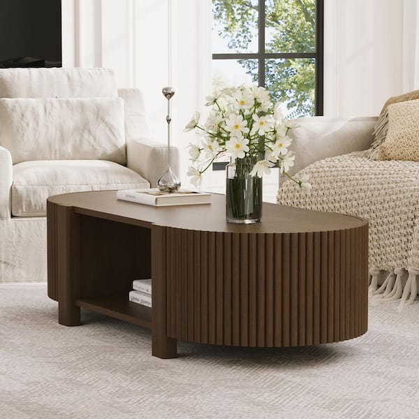 Torwick Country Rustic 47 in. Walnut Finish Oval Fluted Wood Coffee Table with Storage Space